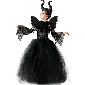 Halloween Maleficent Costume for Girls: Evil Queen Dress Up Costumes Witch Devil Handmade Knitted Tulle Dress Cosplay (Small, Black)