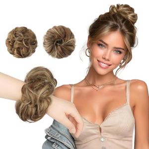 FESHFEN 2PCs Small Messy Bun Hair Piece for Thin Hair Women Girl Mini Synthetic Elastic Wavy Space-bun Scrunchies Updo Hairpieces, Light Brown & Mixed Blonde