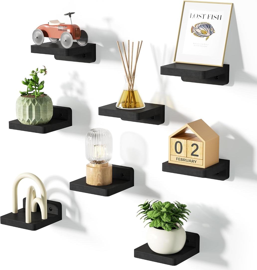 SRIWATANA Small Floating Shelves Wall Mounted, 4 Inch Wood Shelf for Decoration and Storage Set of 8, Mini Display Shelf for Bedroom, Bathroom, Kitchen, Office (Black)