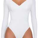 Avidlove Bodysuit for Women Long Sleeve Double Lined Tank Top V Neck Bodysuit Tummy Control Shapewear (Small, White)