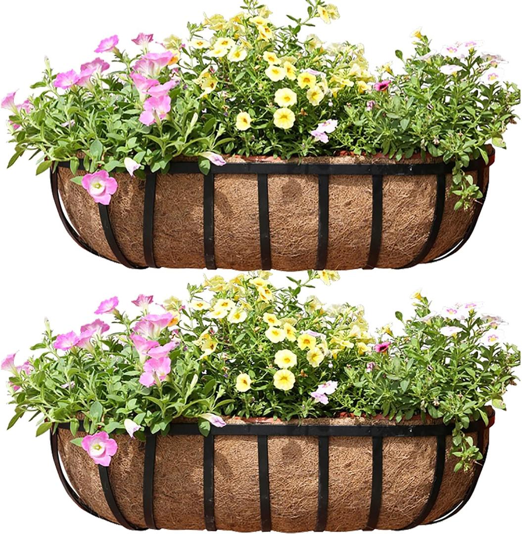 16 Inch Railing Planter Window Box Deck Balcony Rail Planter with Coco Liner Metal Wall-Mounted Coconut Liner Planter Basket English Horse Trough Planter for Outdoor Balcony Porch Fence Patio (2 Pack)