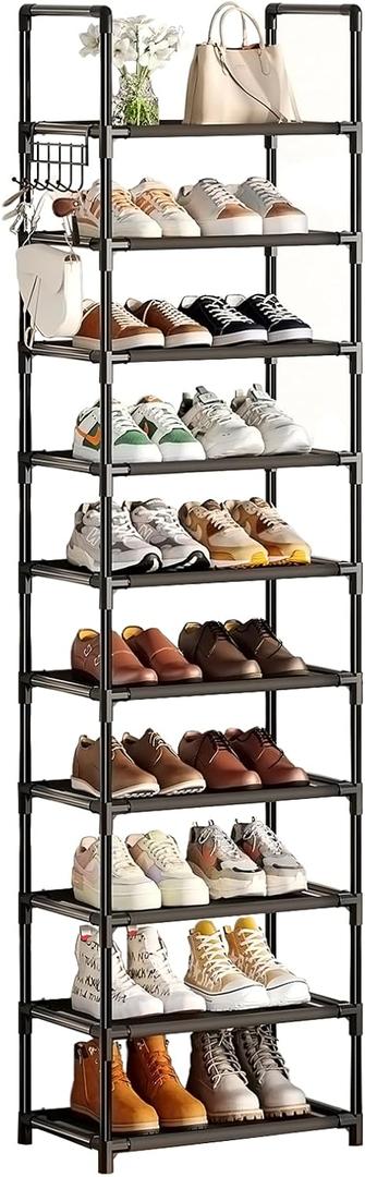Simple Trending Shoe Rack for Closet, 10 Tiers Narrow Shoe Shelf Holds 20 Pairs, Shoe Organizer Storage with Hooks, Black (11"D x 17.6"W x 68.5"H)