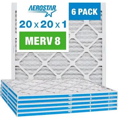 Aerostar 20x20x1 MERV 8 - 6 Count - High Efficiency Pleated HVAC, Furnace & Air Conditioner Filters - Removes Dust, Lint, Mold & Allergy-Causing