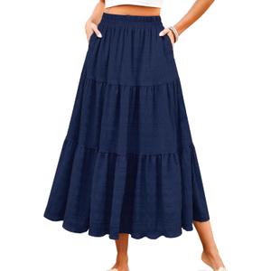 HUSKARY Women's Summer Casual Elegant Smock Layered Tiered Maxi Skirt High Waisted A Line Flowy Long Skirts with Pockets, Size Small