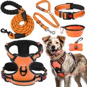 No Pull Dog Harness, Collar & Leash Set | Includes Dog Seat Belt, Collapsible Bowls & Poop Bag Dispenser. Ideal for Training, Walking, Hiking. Fits Small to Large Dogs(Orange-L)