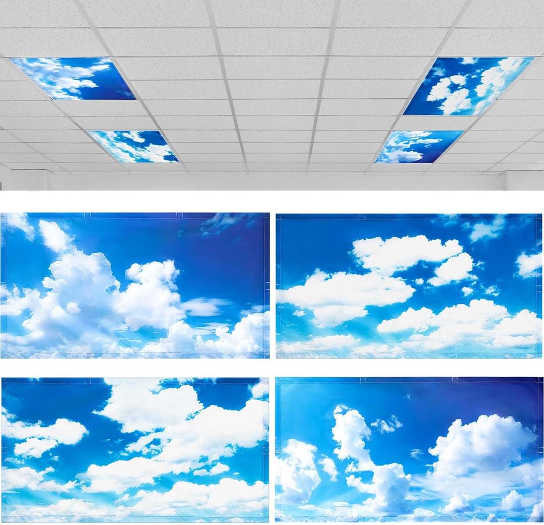 ROCEEI Pack of 4 Fluorescent Light Covers for Ceiling Lights, 4 x 2 Ft, Magnetic Light Covers for Classroom Office Home School Ceiling Decor(Blue Sky White Clouds)