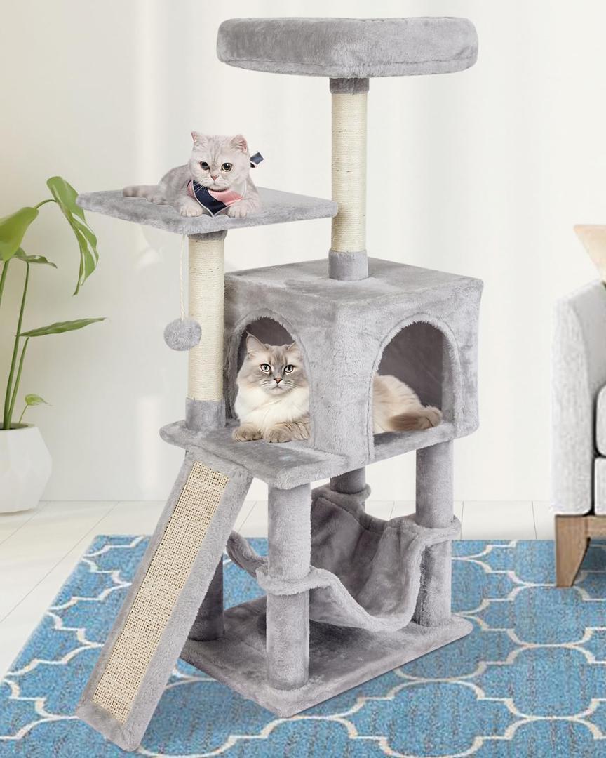 MIAO PAW Grey Cute Cat Tree for Indoor Cat Tower with Scratching Post Modern Activity House Hammock Hanging Ball Condo with Board  17"L x 12.6"W x 40.7"H