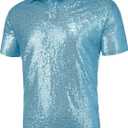 URRU Men's Relaxed Short Sleeve Turndown Sparkle Sequins Polo Shirts 70s Disco Nightclub Party Shirt Top, Size: M