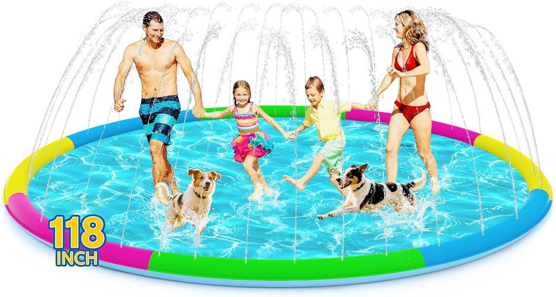 118" Extra Large Splash Pad - Non-Slip Splash Pad for Kids and Dogs Thickened Dog Pool with Sprinkler Outdoor Water Toys Giant Fountain Play Mat for Toddlers Children Adults Pets