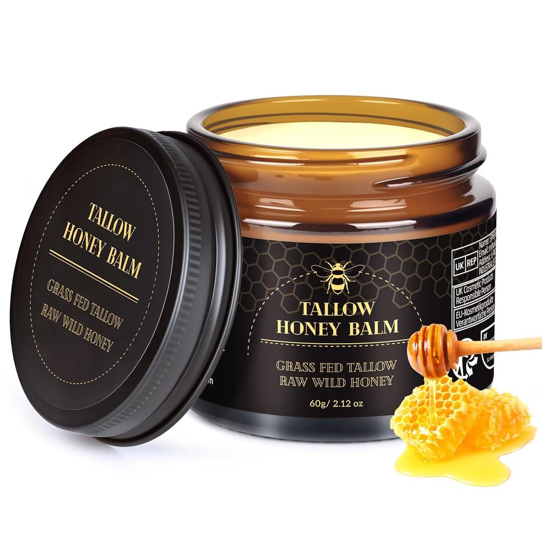 Beef Tallow for Skin,Tallow and Honey Balm,Organic Grass-Fed Beef Tallow Balm with Raw Honey, Face and Body Moisturizer(60g) (2.12 Ounce (Pack of 1))