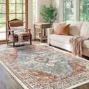 BESTSWEETIE 5x7 Area Rug Washable Rugs for Living Room, No Pile Boho Carpet for Entryway Bedroom Dinning Room, Vintage Carpet Print Distressed Non-Slip, 5 x 7 ft, Green Brick Rust Red