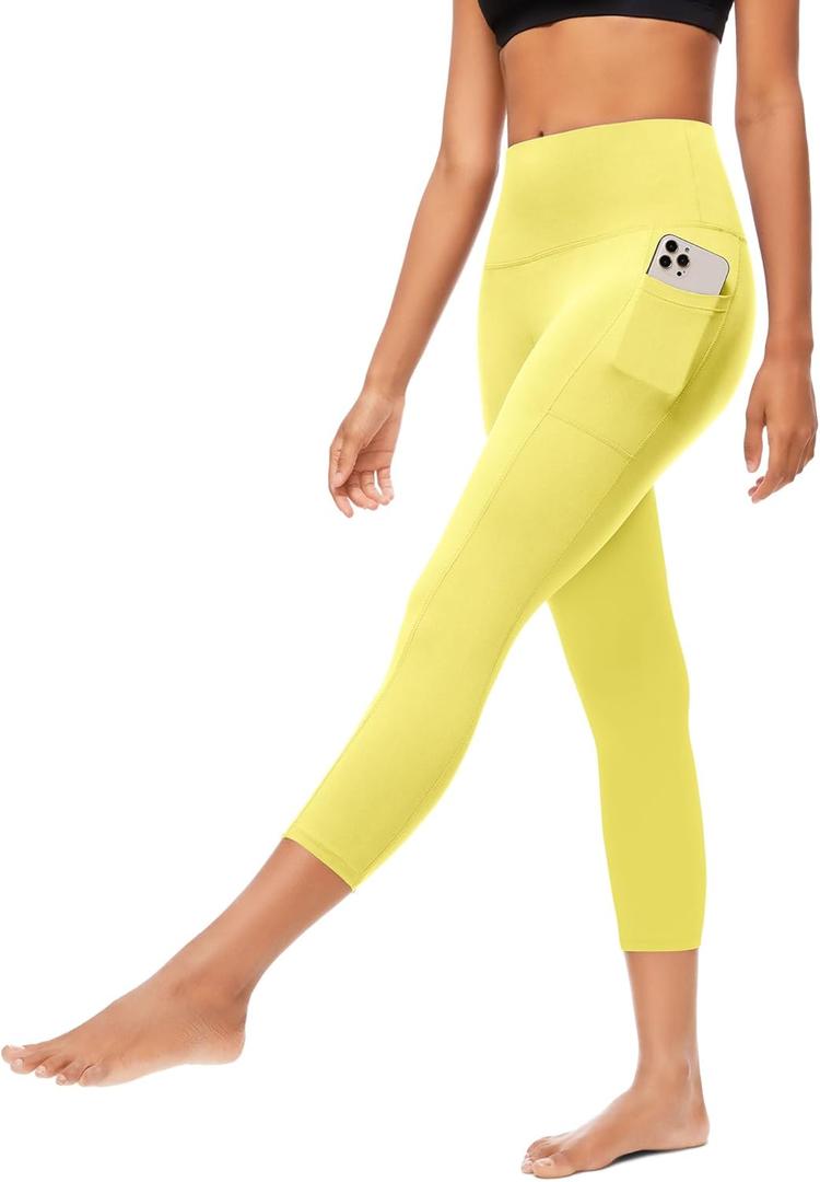 FULLSOFT Buttery Soft Leggings for Women - High Waisted Tummy Control No See Through Workout Yoga Cycling Tights Pants (Small-Medium, Z-lemon Yellow With Pockets(capri))
