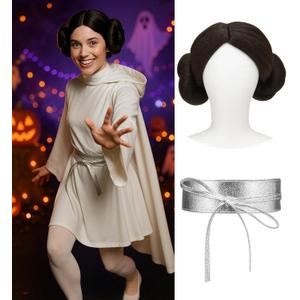 Swooflia Black Bun Wig for Women & Cosplay Accessories - Convenient Set Includes Elastic Wig Cap, Belt, Cosplay Wig for Halloween, Costume, Party and Daily Use (Wig2-12)