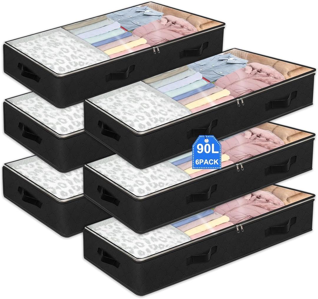 6 Pack Under bed Storage Containers, 90L Large Capacity Bedroom Closet Organizers and Storage Bins Foldable Underbed Storage Bags for Clothes, Blanket, Towels, Comforter, Sweaters, Linen Sheet Black