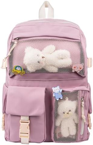 Thanps Kawaii Backpack for Girls, Cute Aesthetic Backpack with Pin Accessories Plush Pendant for School Girl Bookbag (Pink)