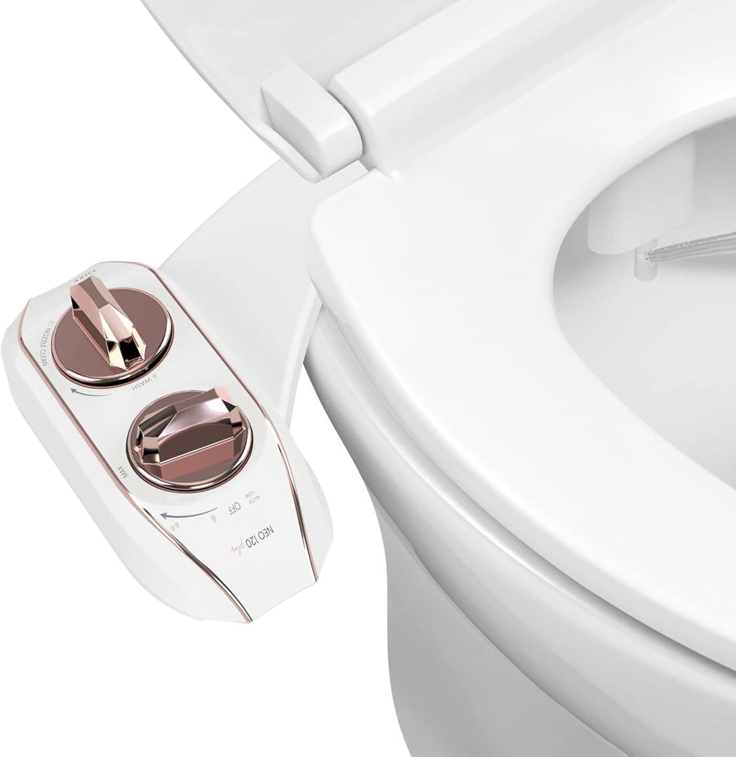 LUXE Bidet NEO 120 Plus - Single Nozzle, Non-Electric Bidet Attachment for Toilet Seat, Patented Slide-In Install, 360 Self-Clean, EZ-Lift to Clean, Rear Wash (Rose Gold)