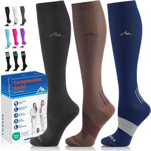 NEWZILL Medical Compression Socks for Women & Men, 20-30 mmHg Knee-High Support for Circulation, All-Day Comfort for Work Travel Running Cycling and Fitness (09-[3-pairs] Black/Blue/Brown)