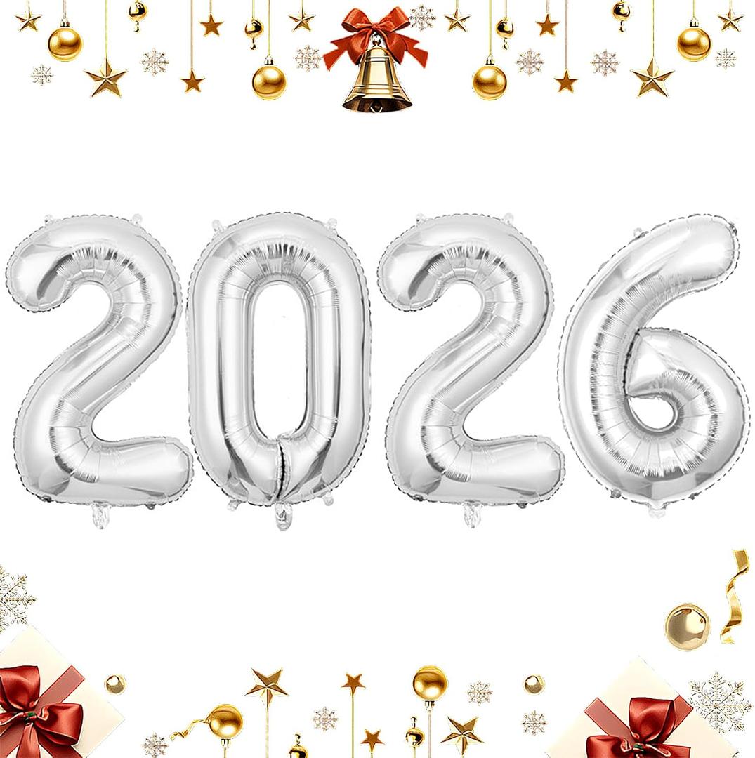Silver 2026 Balloons, 16 Inch Foil 2026 Number Balloons, Grad Balloons for Class of 2026 Graduation Party, Silver Matellic Foil New Year Birthday Home Office Party Supplies