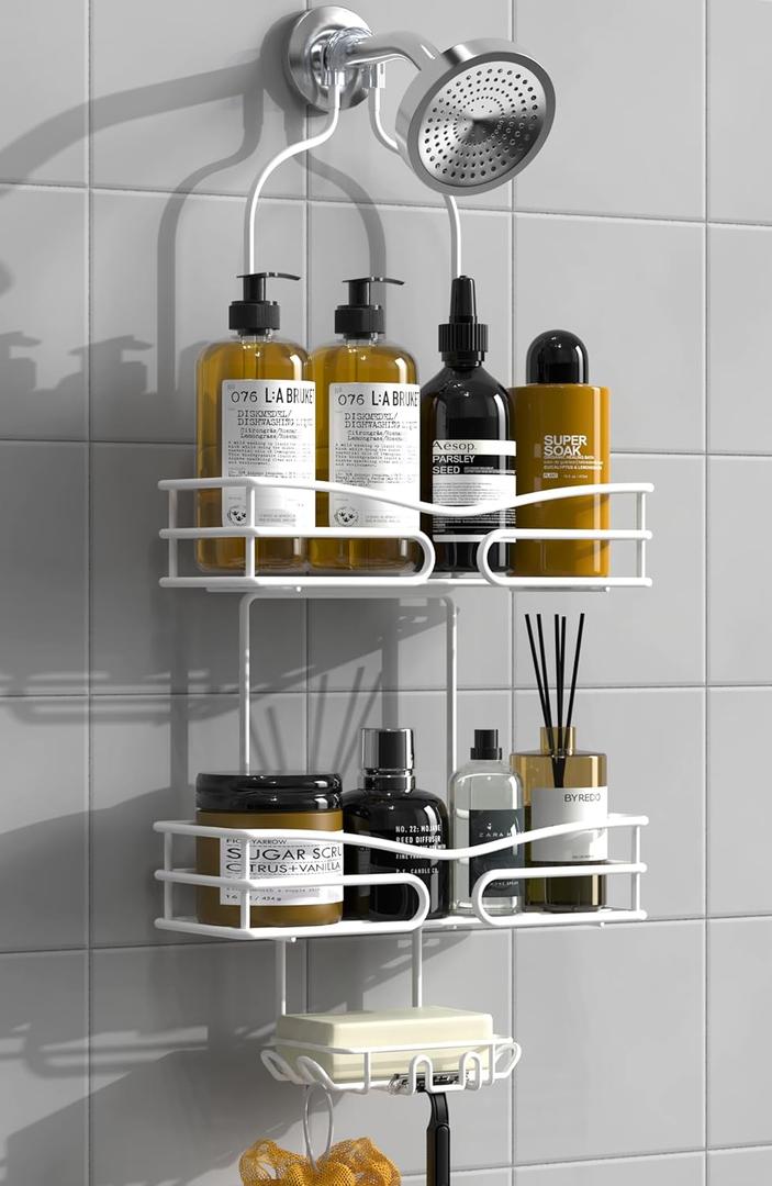 DAOYA Over Head Shower Caddy - Bathroom Shower Organizer with Soap Holder & 6 Hooks for Towels, White, 76L Capacity, Hanging Mount, Rust Resistant (Style 1)