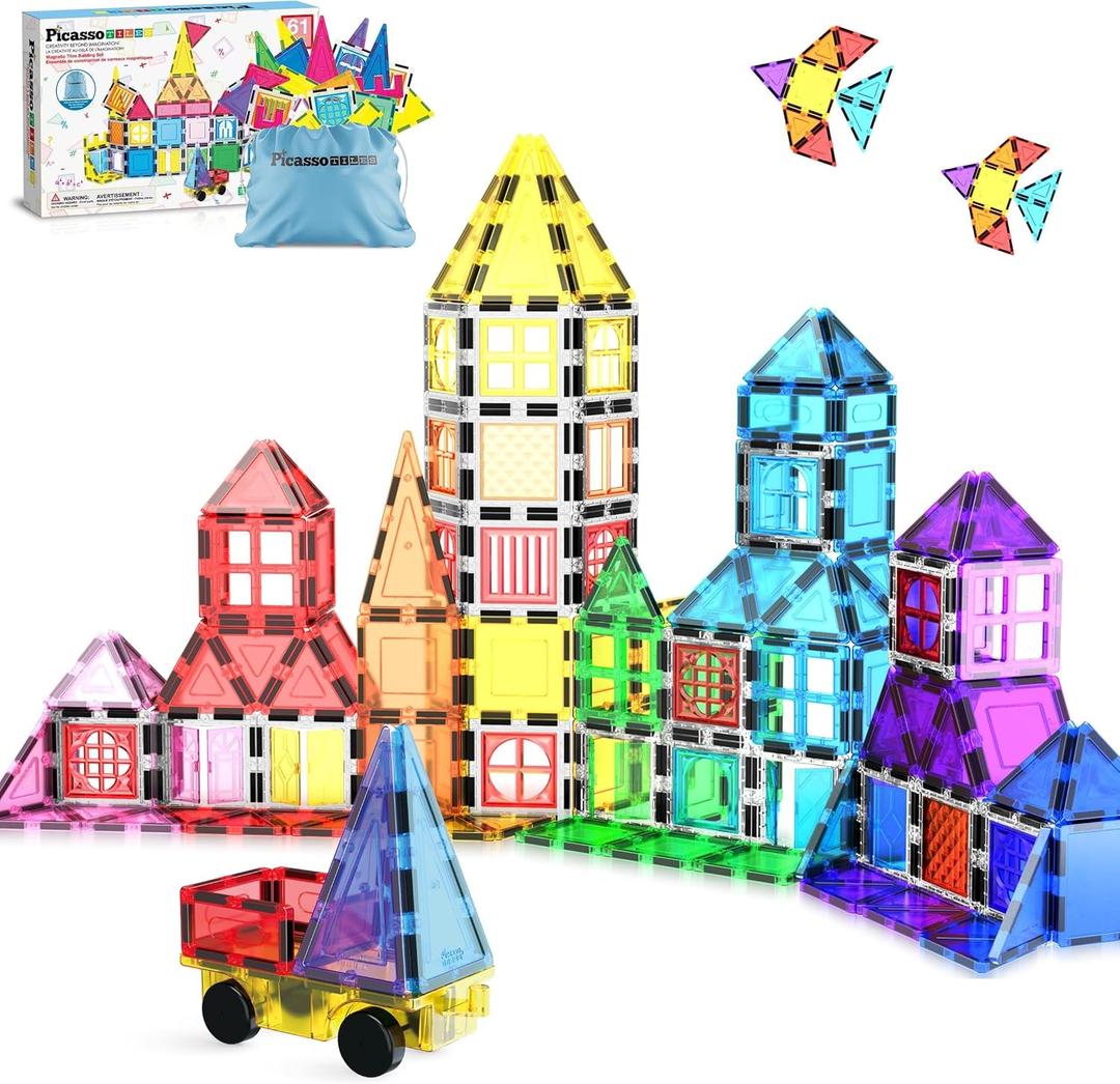 PicassoTiles Magnetic Tiles Toddler Toys Magnetic Building Blocks for Kids 61 Piece STEM Educational Toys for Girls & Boys Ages 3-12 Play for Preschool Learning Stocking Stuffer (61pc With Carry Case)