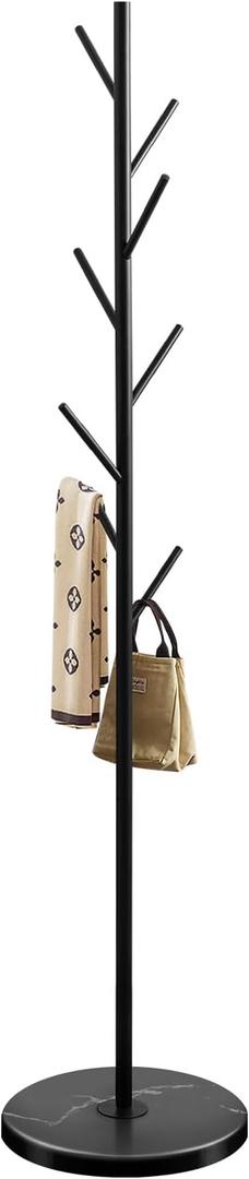 Metal Coat Rack Stand with Natural Marble Base, Coat Rack Freestanding, Easy to Assemble and Sturdy Bionic Hall Tree with 8 Hooks for Home Entry-way Hat Hanger Organizer (Black)