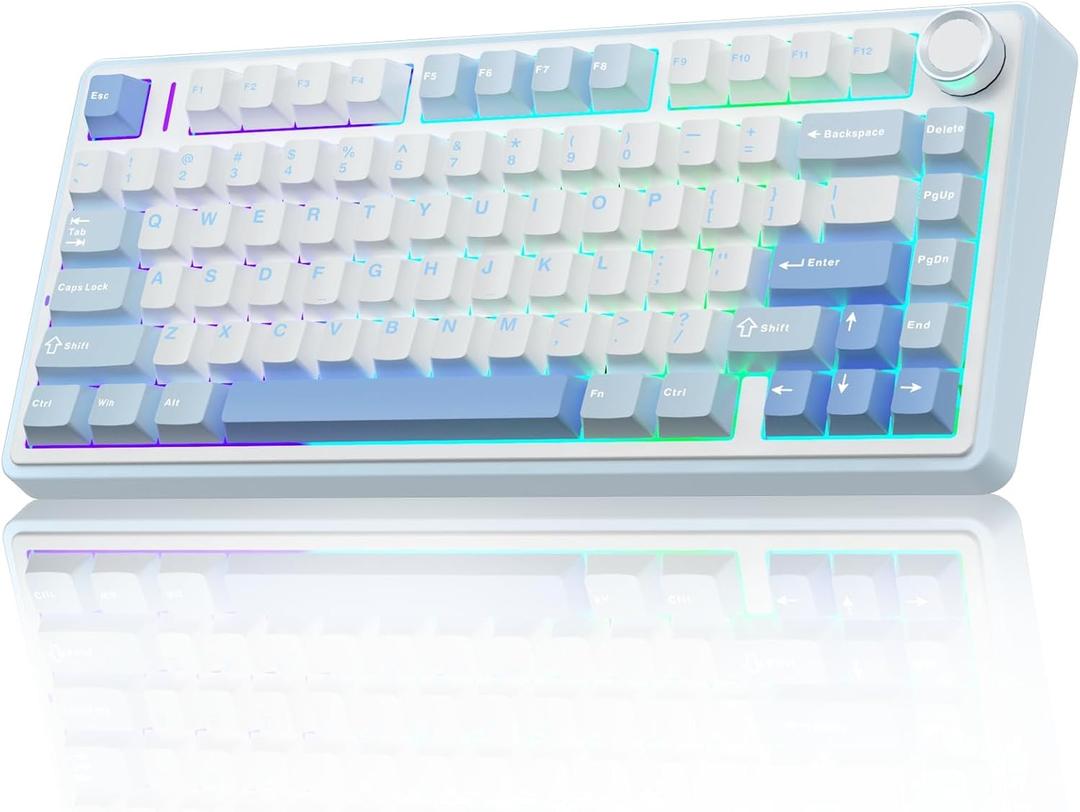 AULA F75 75% Wireless Mechanical Keyboard, Hot Swappable Creamy Keyboard, Pre-lubed Greywood Switches RGB Backlit Gaming Keyboards, 2.4GHz/Type-C/BT5.0 (Salt White Blue)