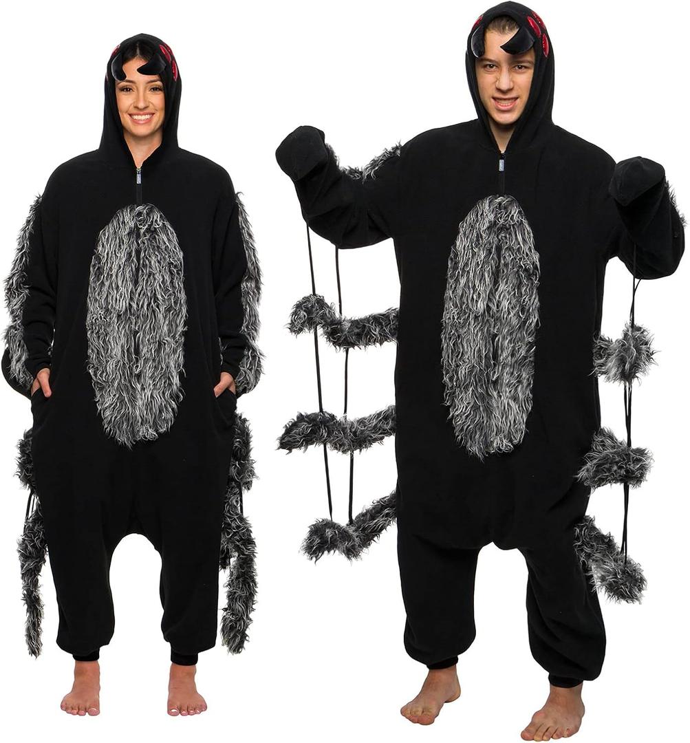 FUNZIEZ! Adult Black Widow Spider Costume -Furry Tarantula Pj's (Black, Medium)