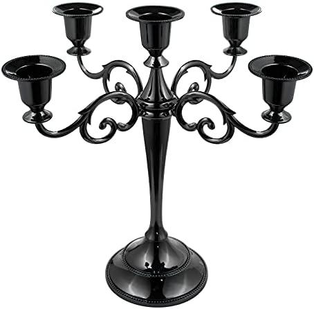 FANWNKI 5-Candle Metal Candelabra 10.2 Inch Tall Candlestick Candle Holders for Home Decor Wedding Christmas Church Halloween Party, Black