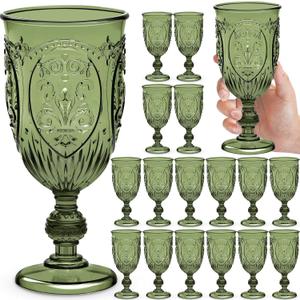 Wiwiqing 18 Pack Plastic Goblets 10oz Upgrade Vintage Water Goblet Plastic Wine Glasses Colored Retro Embossed Glassware for Party Wine Bar Juice Baby Shower Wedding Reception Grand (Olive Green)