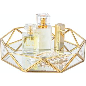 Feyarl Gold Glass Perfume Tray Mirror Vanity Jewelry Trinket Organizer Tray Ornate Cosmetic Makeup Display Decorative Coffee Table Tray for Wedding Home Decor Dresser Tabletop Countertop (9.5inch)