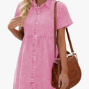 LookbookStore Women's Short Sleeve Button Down Flowy Tiered Babydoll Denim Dress 2XL