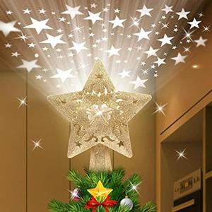 Christmas Tree Topper Lighted with Patterns, Built-in LED Rotating Xmas Tree-top Lighted, 3D Hollow Glitter Projector for Xmas, Party, Holiday Decorations (Golden)