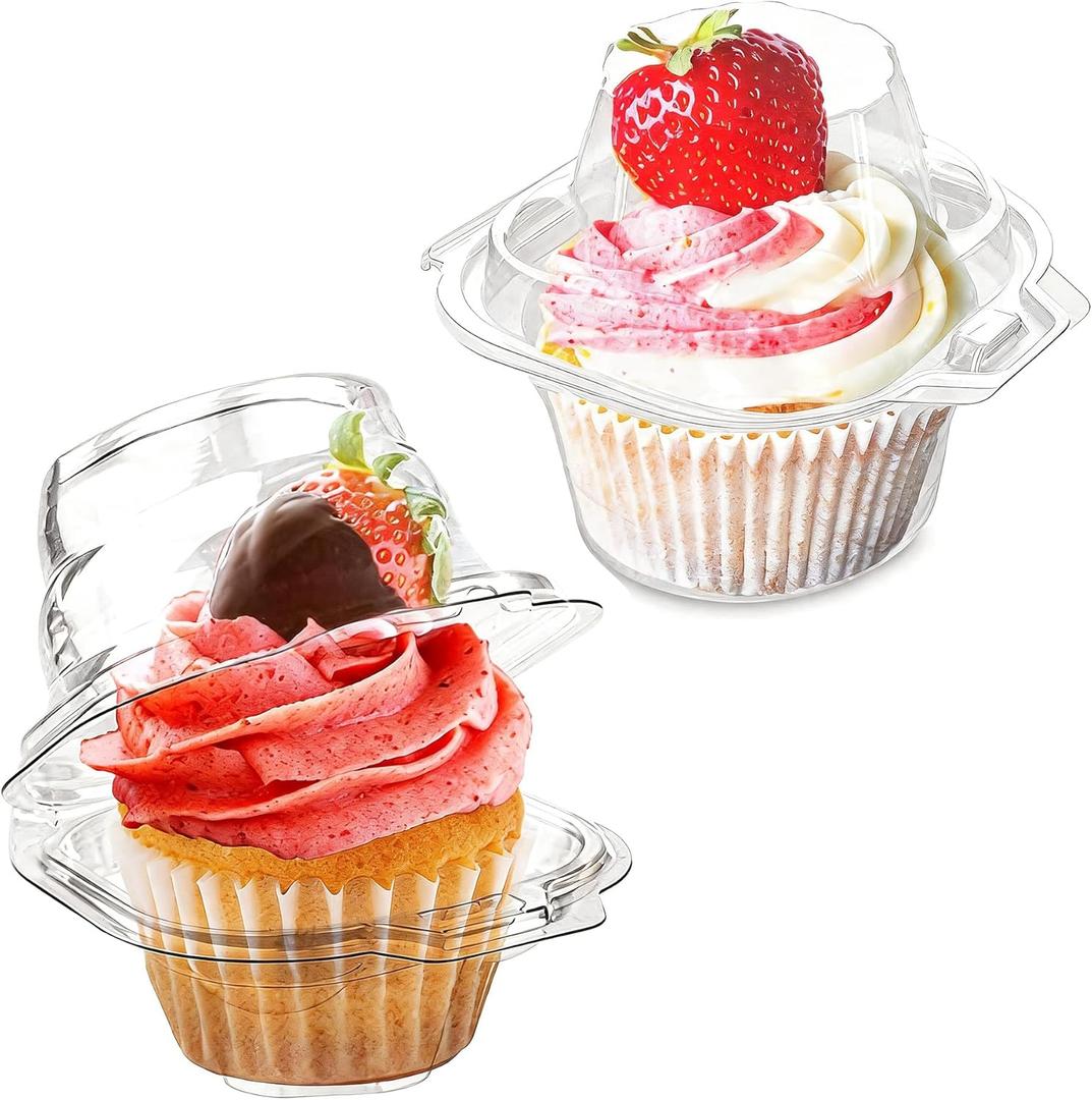 50 Pcs Cupcake Boxes Plastic Individual Cupcake Containers Single Cupcake Carrier with Connected Airtight Dome Lid for Party