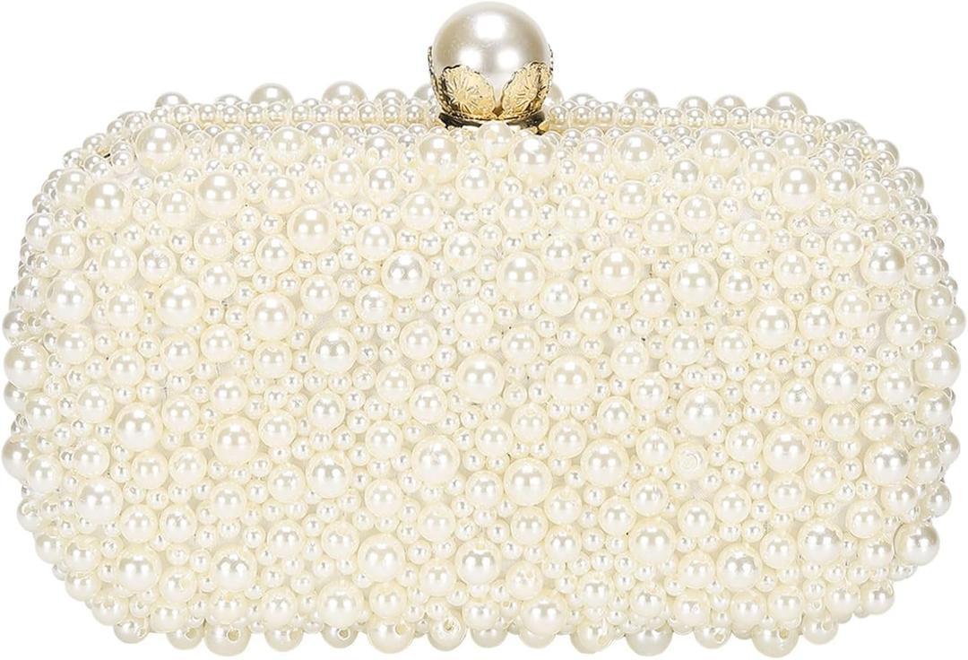 DTGN Evening Clutch Purse for Women Formal, Bridal Purses Handbag Cross Body Bag Wallet with Chain Wedding Club Party Beige Pearl