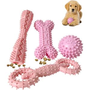 4 Pack Puppy Teething Toys Dog Durable Chew Toys Soft Rubber Toy Dog Teeth Cleaning Toothbrush Toy Cute Interactive Toys for Puppies Small Breed (Pink)
