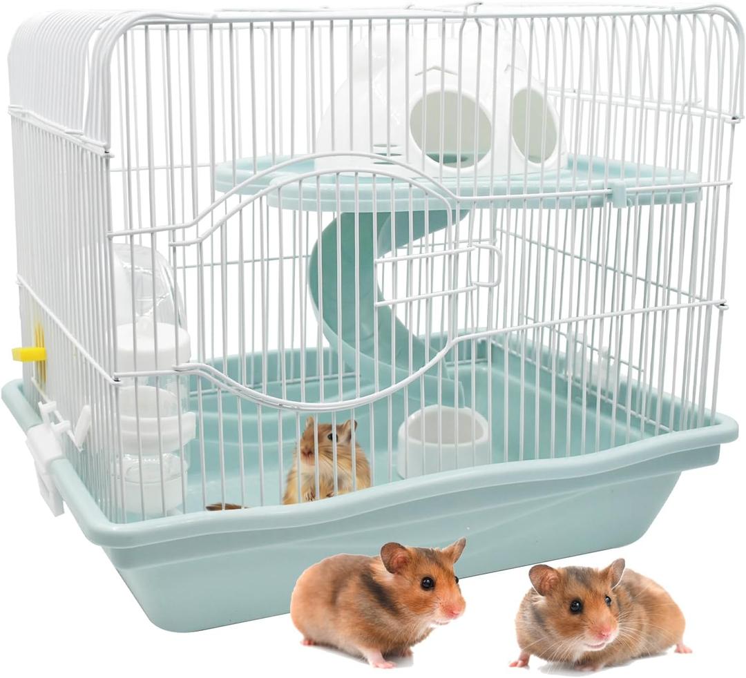 2-Tier Portable Hamster Cage and Habitats,Travel Metal Mouse Cages with Free Water Bottle,Houses and Exercise Wheel for Any Breed of Hamster and Small Animal (14.6x11.0x11.8inch Light Blue)