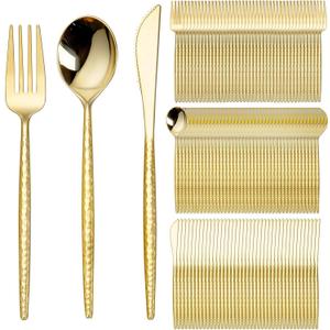 SUT 300PCS Gold Plastic Silverware, Gold Plastic Utensils, Heavy Duty plastic Silverware, Includes:100 Knives, Forks and Spoons, Birthday, Wedding, Hammered silverware Set