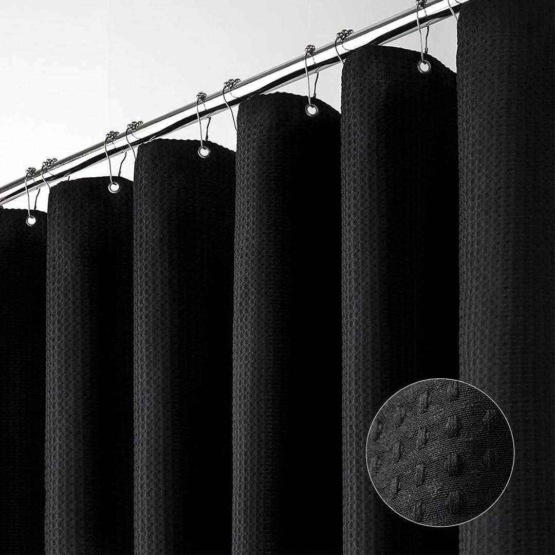 Dynamene Long Black Fabric Shower Curtain - Waffle Textured Tall Heavy Duty Cloth Shower Curtains for Bathroom, 256GSM Large Hotel Spa Luxury Bath Curtain Set with 12 Plastic Hooks(72Wx78H, Black) (72"W x 78"L (Pack of 1), Black)