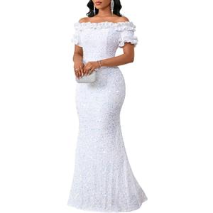 dasmzper Women Sexy Sequin Off Shoulder Ruffle Short Sleeve Bodycon Mermaid Party Formal Evening Maxi Dress (XXL)