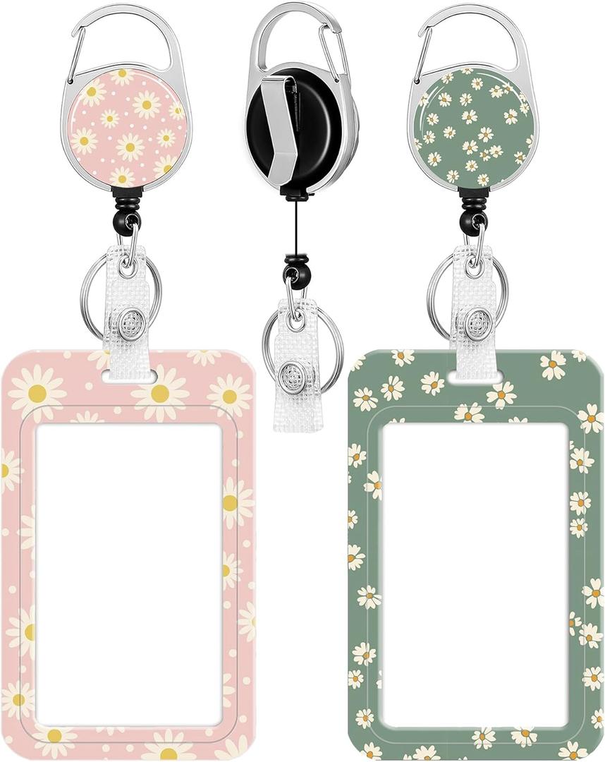 2 Pack Badge Holder and Heavy Duty Retractable Reel, ID Badge Holders with Retractable Clip for Nurse Teacher Student Office Women Men (Chrysanthemum)