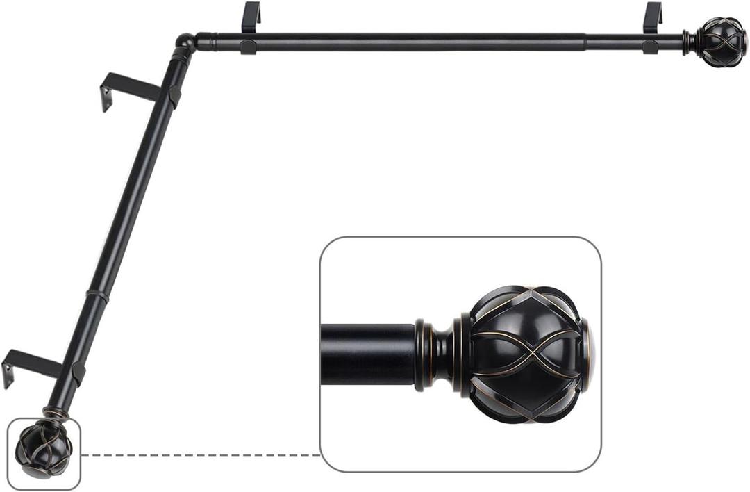KAMANINA Black Corner Curtain Rods for Windows 48 to 84, Telescoping Splicing 7/8 Curtain Rods 32 to 86 inch, Decorative Curtain Rod with Netted Texture Ends