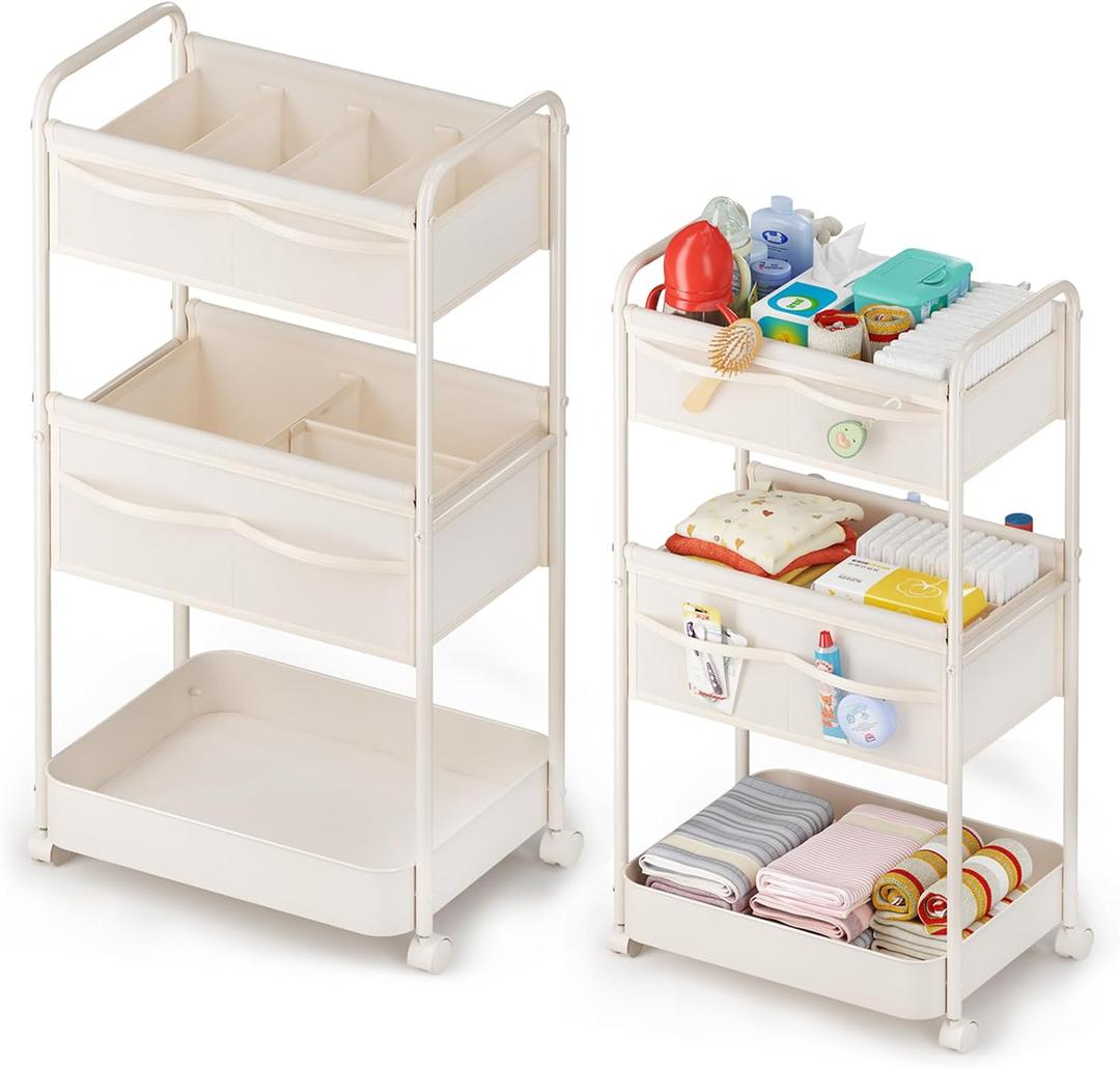 Baby Diaper Caddy, Premium Metal& Felt Movable Cart with Dividers for Newborn Nursery Essentials, Large Capacity Rolling Diaper Storage Caddy Organizer for Changing Table &Crib, Easy Assembly, Beige