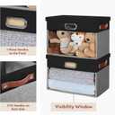 Fabric Clear Window Storage Bins with Lid, Closet Storage Box Linen Closet Baskets with 3 Handles for Organizing Clothing, Jeans, Shelves 15''- 3 Pack (Gray and Black)