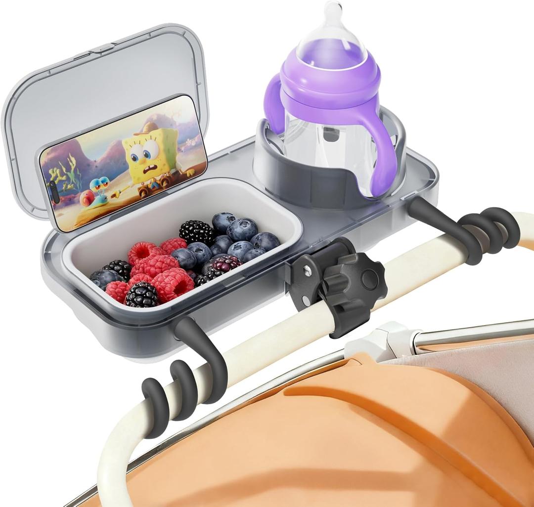 Universal Stroller Snack Tray, 3-in-1 Cup Holder Tray with Clamp & Silicone Arms Grip & Detachable Silicone Tray, Stroller Tray Attachment for Toddler & Kids, Snacking On The Go (Gray)