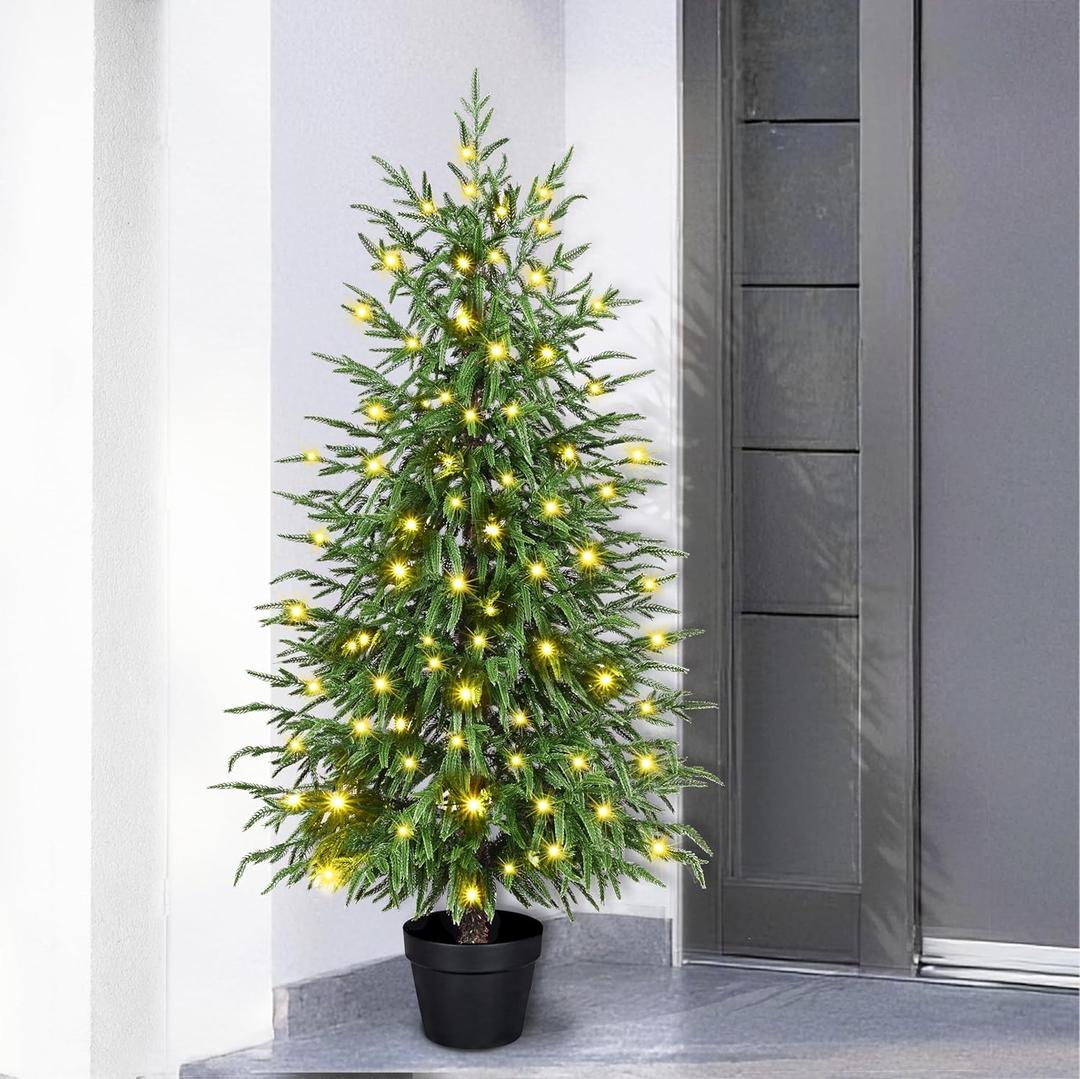 Waipfaru 4FT Christmas Tree with Lights, Real Touch Norfolk Pine Tree, Artificial Cypress Christmas Tree Potted, Xmas Tree for Indoor Outdoor Home Front Porch Christmas Decor