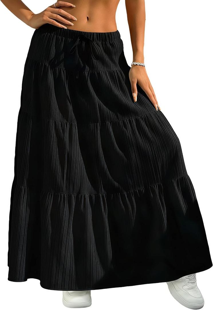 AXX Women's Boho Flowy Maxi Skirt - High Waist Layered Ruffle Flared Long Skirt for Summer Casual Going Out Outfits (L)