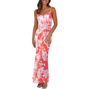 PRETTYGARDEN Women's 2026 Summer Floral Spaghetti Strap Maxi Dress Stretch Sexy Bodycon Dress Backless Slip Long Dresses (Pink)