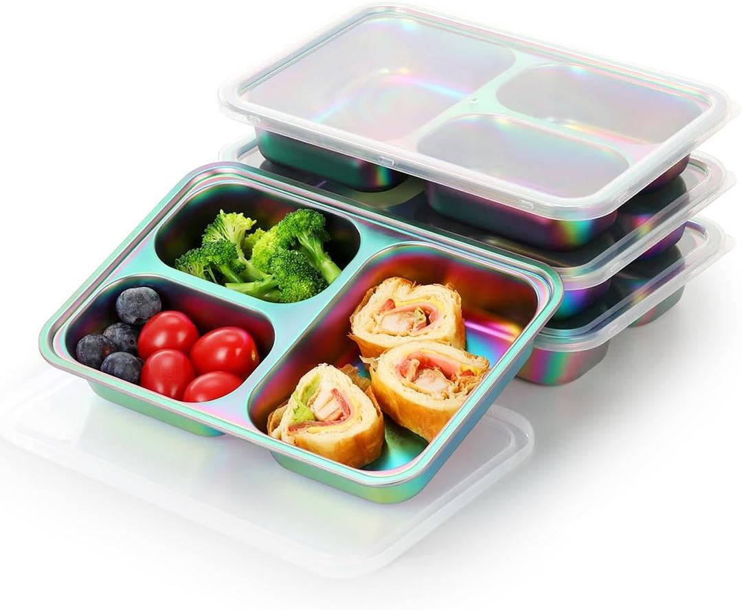 AIEVE Stainless Steel Kids Plates, 4 Pack Stainless Steel Portion Control Plate with Lids for Toddler 3 Compartment Non-Toxic (Rainbow)