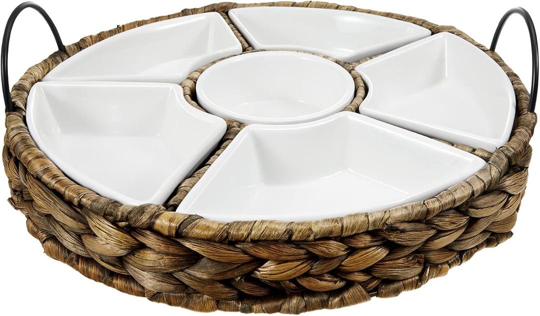 Ceramic Divided Serving Dishes Appetizer Serving Tray and Platters Set Snack Tray 6 Removable Snack Bowls with Basket for Relish Party Fruit Pizza Candy Nuts Condiment Veggies Chips Dips