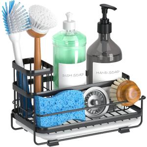 Trendy Sink Caddy Kitchen Organizer, Non-Slip Dish Soap Dispenser Rack with Drain Tray, Rustproof Brush Holder for Countertop Storage (Matte Black)